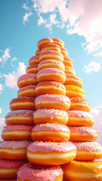 Towering stack of donuts reaching up into soft blue sky in playful vertical scene generative AI