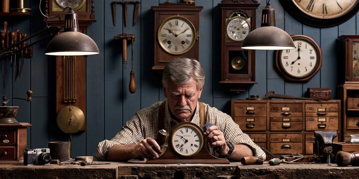 Clockmaker restoring a vintage timepiece in his studio