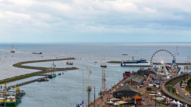 Aerial view of Tall Ships arriving in the harbor of Harlingen