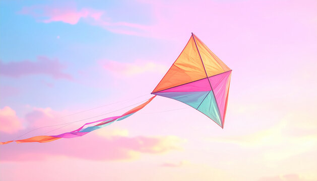 Kite dipping and looping with trailing tail across soft pastel sky in playful still generative AI