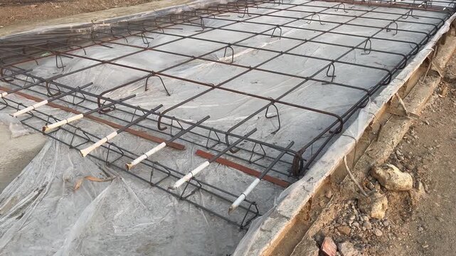 Concrete slab reinforcement steel rebar installation on plastic sheet close up