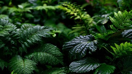 Naklejka premium A dense collection of vibrant green ferns and broad leaves in a shadowed forest undergrowth with rich textures and natural depth
