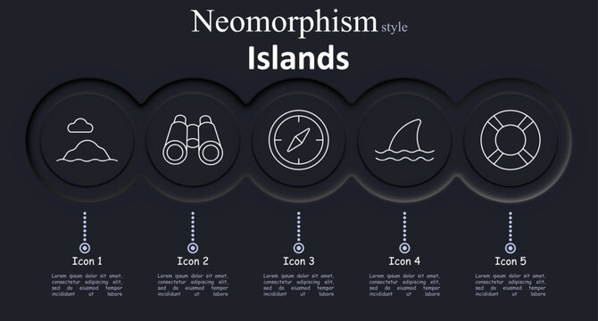 Islands set icon. Land floats cloud peak. Lenses form binocular pair. Dial points compass needle. Fin cuts ocean wave. Ring holds life buoy.
