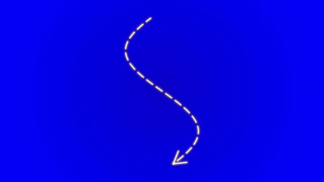 Animated white dashed arrow on blue screen, curved hand drawn pointer movement, motion graphic element for video editing and navigation