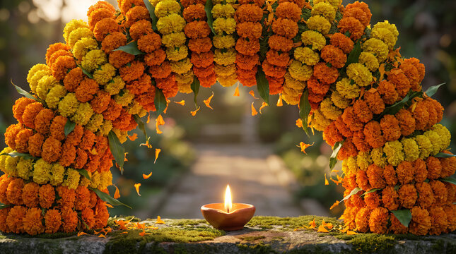 Colorful marigold flower garlands framing a flickering candle for day of the dead