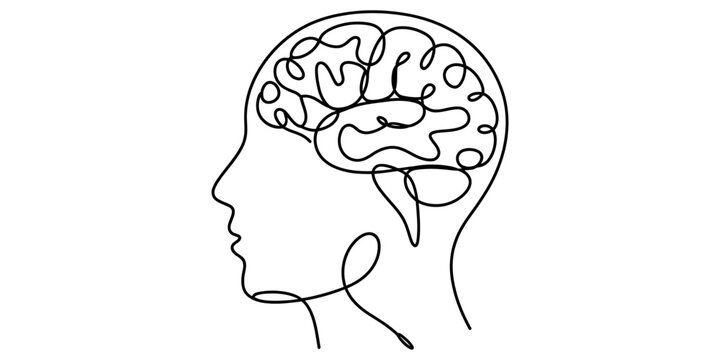 Human profile head with brain drawn in continuous line art style for mental health awareness and neurology science design.