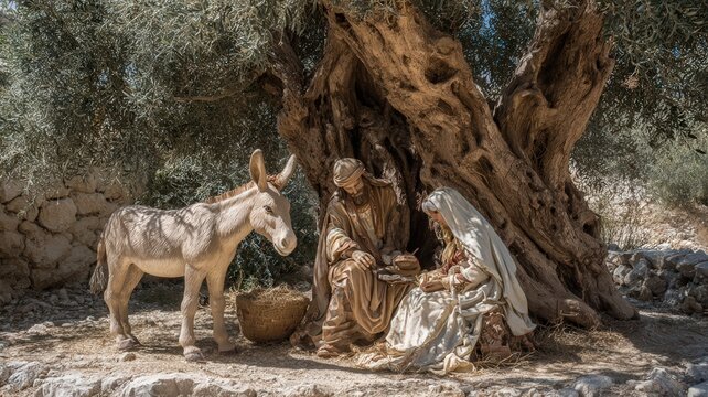 Nativity scene with Joseph and Mary religious Christmas tradition and biblical history with donkey under ancient olive tree in a rustic outdoor setting