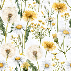 Fototapeta premium A watercolor seamless pattern featuring dandelions, daisies, wild plants, and wildflowers. It offers a delicate floral design on a paper texture suitable for wallpapers, fabrics, home textiles, or bac