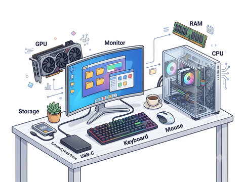 Computer Hardware Setup and Components Isometric Vector Illustration, Technology Desktop Elements Diagram with Labels
