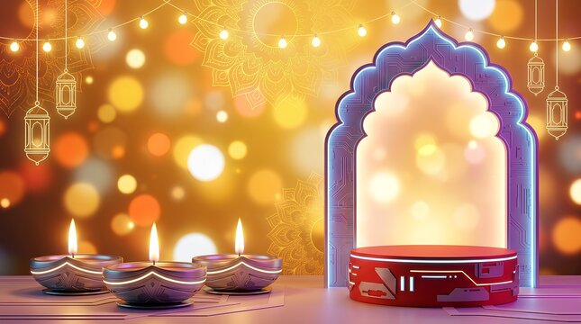 Elegant 3D festive stage featuring a traditional arch, glowing diyas, and warm bokeh light background.