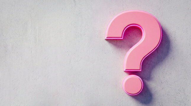 3d render of a pink neon question mark on a textured concrete wall with copy space