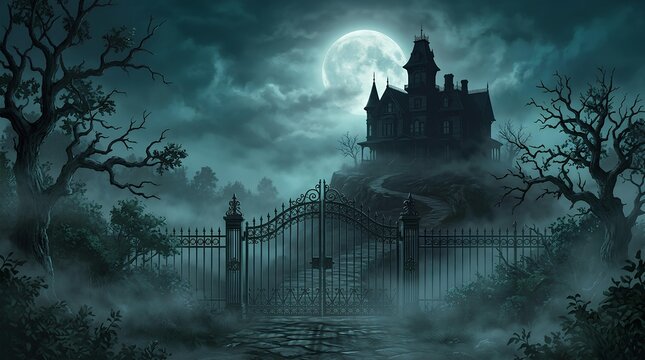 Eerie haunted mansion standing on a hill behind iron gates under a bright full moon at night.