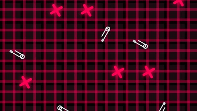 Animated red and black plaid pattern featuring glowing neon crosses and floating safety pins in a punk aesthetic.