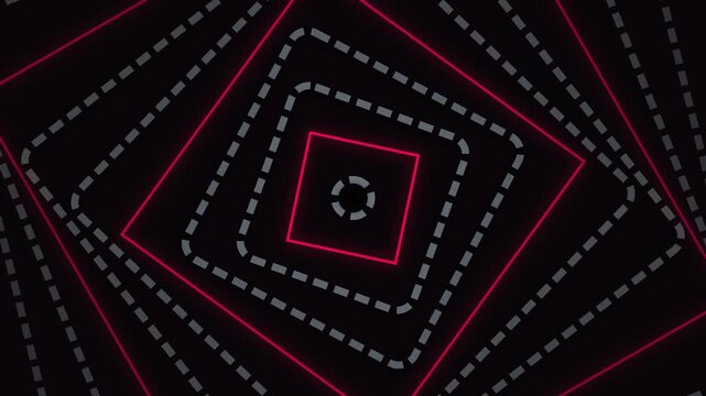 Abstract animation of a rotating square tunnel with red neon lines and white dashed borders on a black background