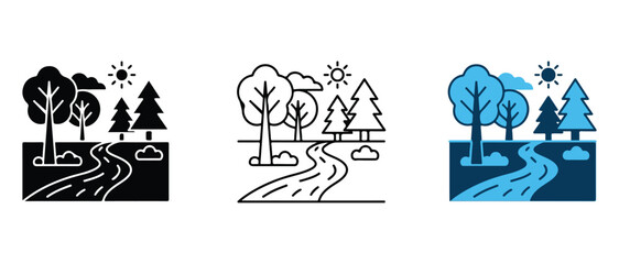 Fototapeta premium forest landscape with winding river path under sunny sky in three stylized color variations