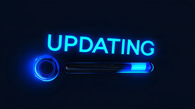 Blue, pulsing text that displays while updating, featuring a circular loading spinner and progress bar against a dark background, symbolizing the software installation process
