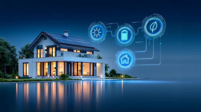 Modern smart home with solar panel systems, illuminated windows by reflective water dusk, energy icons, battery storage, automation for eco