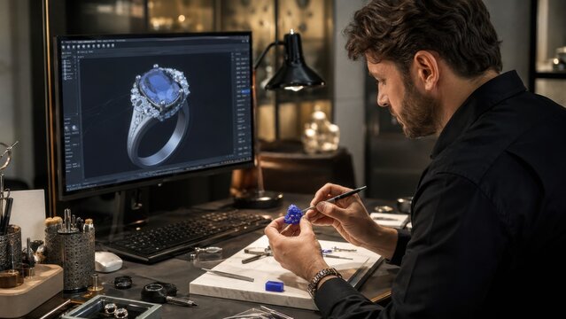 Jewelry designer works on ring design with blue stone in studio while using computer for rendering at workspace during evening hours