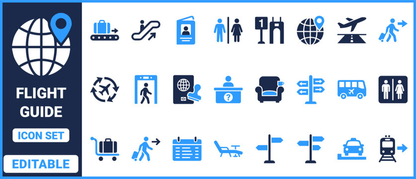 Airport flight guide icon set with passport, luggage, boarding pass, security gate, terminal and transport symbols for travel