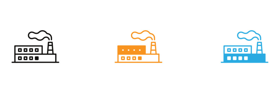 Factory icons set including black orange and blue versions with smoke stacks