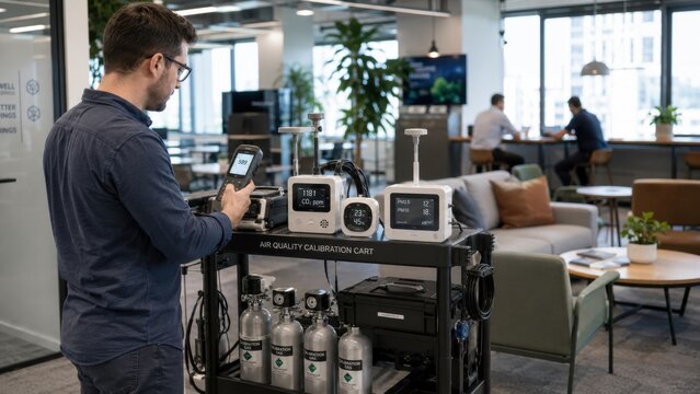 Worker checks air quality data using a calibration cart in a modern office space with colleagues engaged in discussions nearby