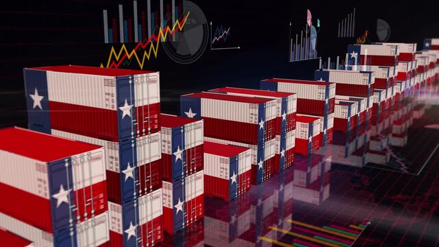 Texas USA export production and import cargo containers on charts and diagrams seamless and loopable business concept. Texas flag industrial shipping box 3d loop.