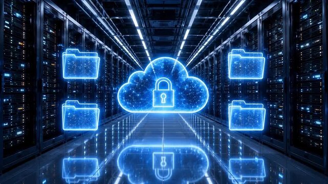 Futuristic cloud storage security concept with glowing padlock, digital folder icons and server network protection data center conveying trust