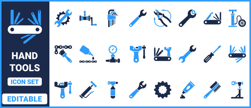 Hand tools icon set with wrench, hammer, pliers, screwdriver, gear, pipe, multitool and repair maintenance symbols vector collection