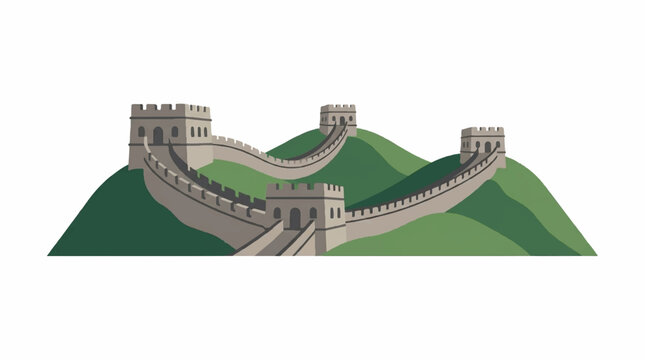Ancient stone wall and watchtowers on green hills illustration