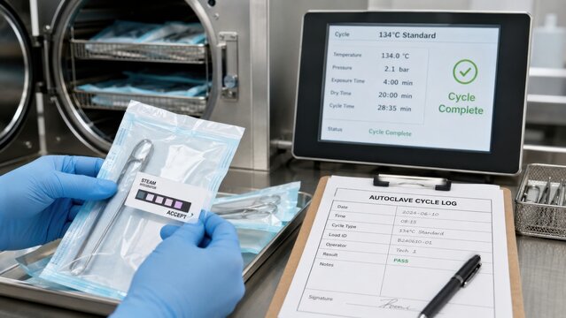 Process of sterilizing medical tools with an autoclave shown on screen during the sterilization cycle at a healthcare facility in the afternoon