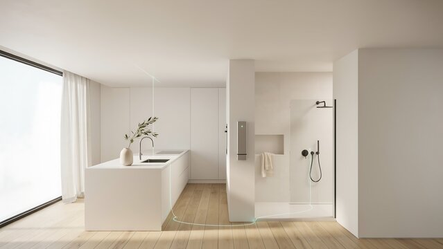 Modern minimalist white bathroom and kitchen area with open floor plan
