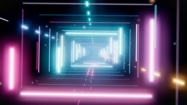 Futuristic neon led lights tunnel loop with horizontal glowing tubes