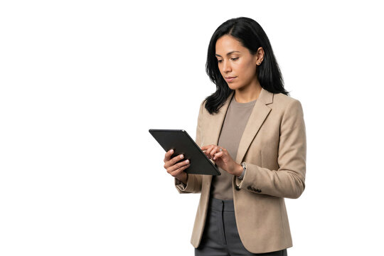 Young businesswoman using digital tablet computer, looking down at screen, isolated on transparent background. Technology, office, professional communication.