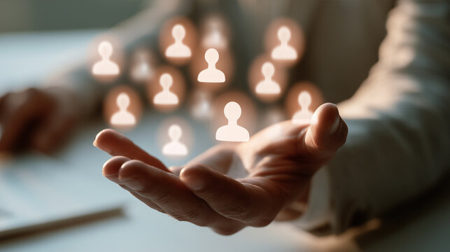 Hand with floating holographic person profile icons, no text