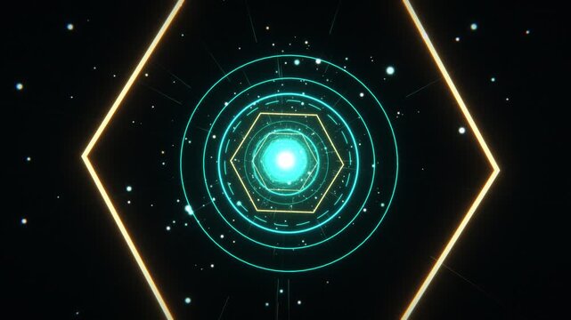 Futuristic Cyber HUD Tunnel with Glowing Hexagons and Circles
