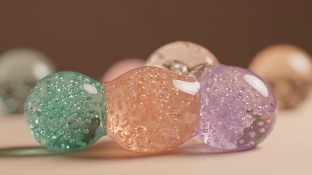 Translucent pastel glass spheres gently deforming in soft lighting