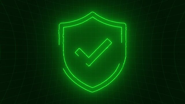 Cybersecurity motion background with a glowing green neon shield icon and glitch effect. This digital online safety concept animation is full HD and a seamless loop.