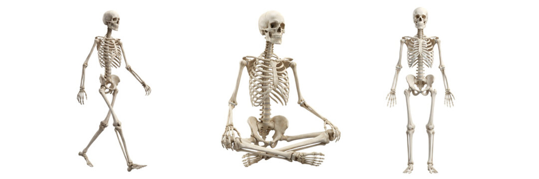 Three human skeletons in various poses walking, sitting, and standing, isolated on transparent background