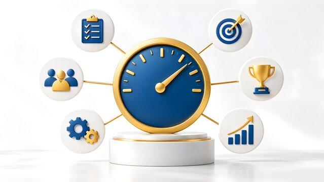 3D clock surrounded by connected business management icons representing time optimization team productivity and corporate project workflow strategy