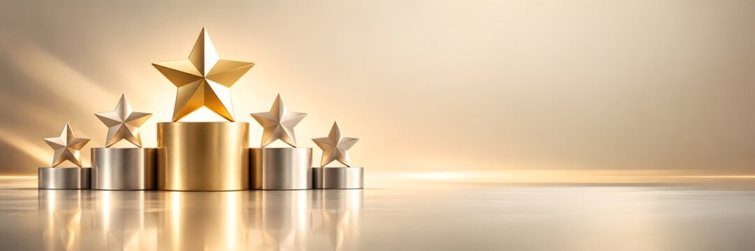 Five golden stars on premium display podium representing top customer satisfaction rating luxury quality and exceptional business performance excellence