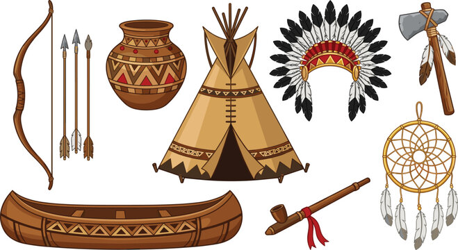 Native American Cultural Element Icon Set Featuring Tepee, Headdress, Bow, Arrow, Canoe, Pottery, Dreamcatcher, and Tomahawk for Historical Education, Tourism, and Tribal Heritage Graphic Designs
