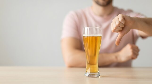 Man Showing Thumbs Down Gesture to Refuse Glass of Beer on Table