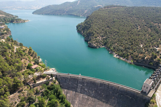Aerial view of Sant Antoni water reservoir (Pant&agrave; de Sant Antoni), Lleida, Catalonia, Spain.