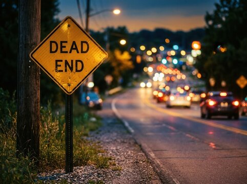 Yellow Dead End Street Sign at Dusk with Traffic and Bokeh Lights
