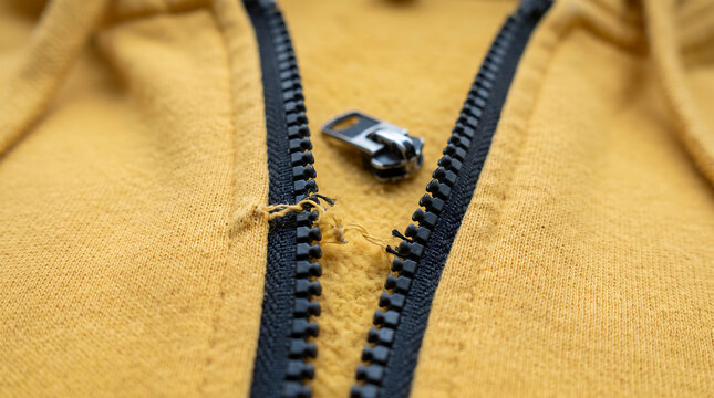 Close-up of broken zipper slider on yellow hoodie jacket.