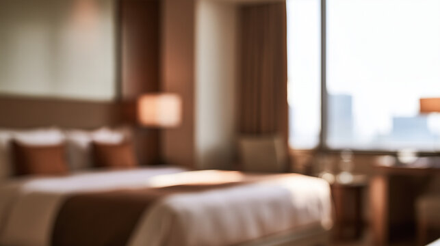 Softly blurred hotel room with a made bed as a defocused background