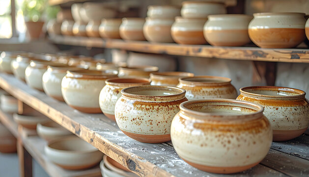 Kiln shelves with bisque fired ceramic pieces cooling in warm ambient workshop glow generative AI