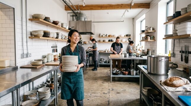 Young woman in apron holding stack of plates in busy professional kitchen with colleagues working in background