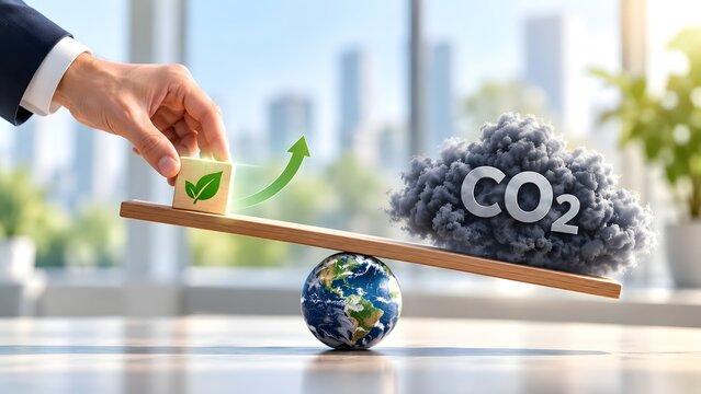 Businessman hand placing green leaf block on scale balancing carbon emission cloud and Earth globe representing corporate sustainability and ESG offset strategy