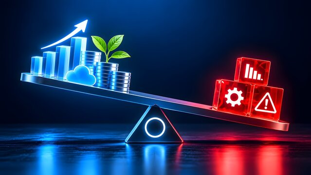 Business scale balancing financial growth and green sustainability against operational risk and corporate hazard representing strategic investment and cost management